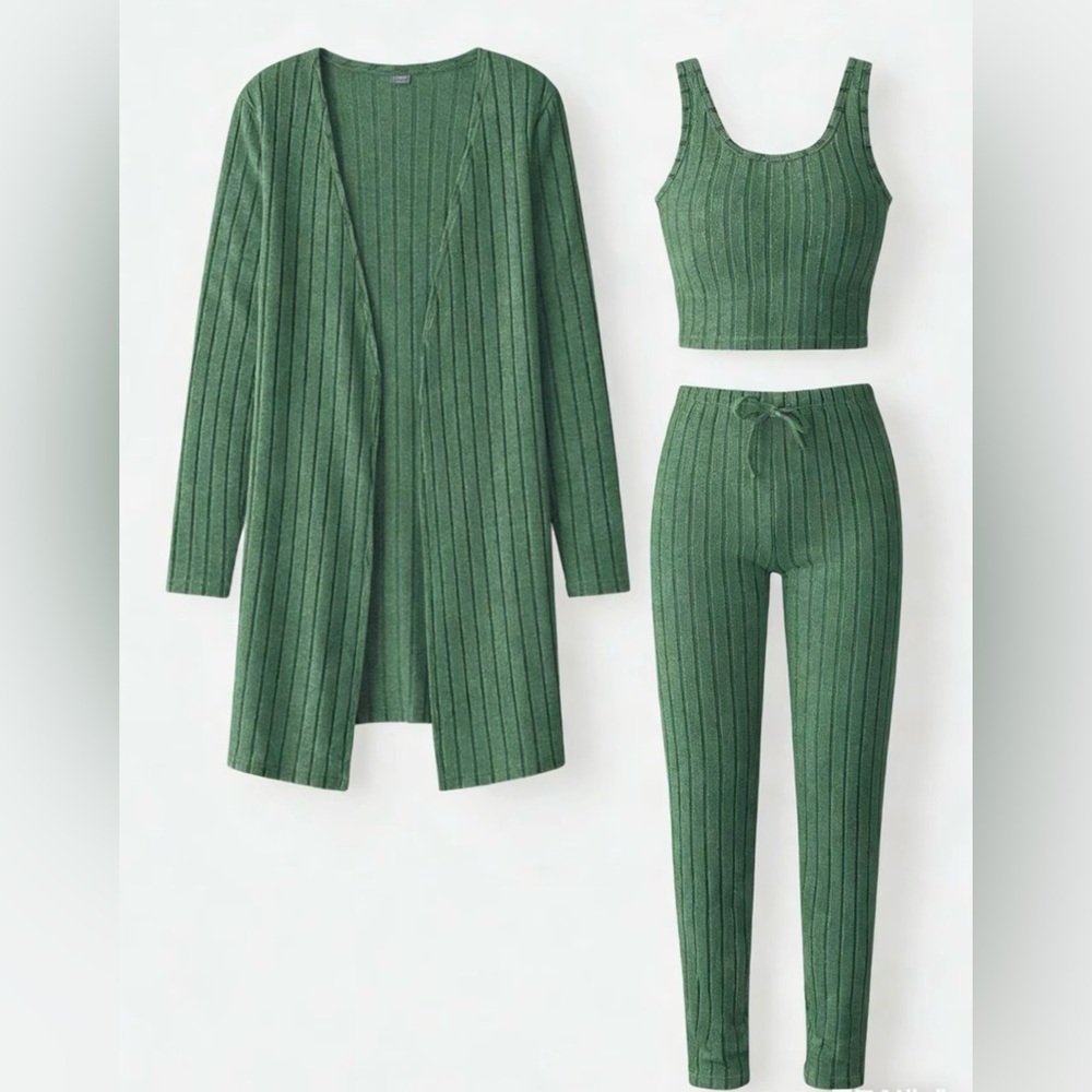 Women's Green Ribbed Lounge 3 piece Set Soft Comfy Chic - Picture 2 of 7